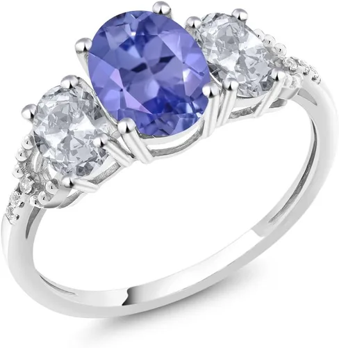 Miniatura 48 de Anillo de compromiso ovalado de oro blanco de 10 quilates con piedra natal y topacio blanco de 3 piedras con detalles de diamante Centro de 0.315