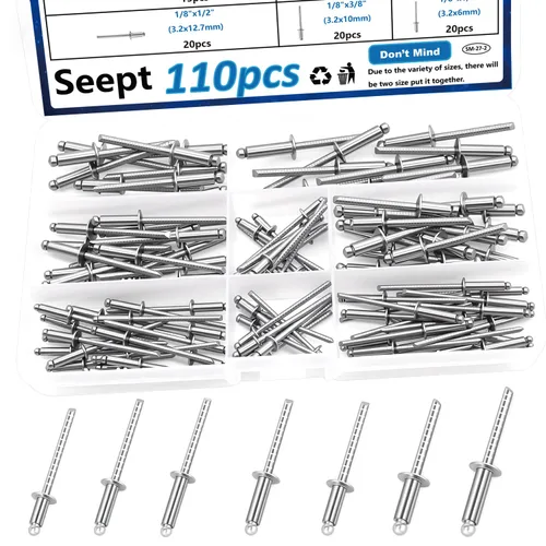 110 piezas de remaches de acero en 7 tamaños, kit de surtido de remaches de acero inoxidable 304 de 1/8", 5/32", 3/16" para metal, muebles, Plateado
