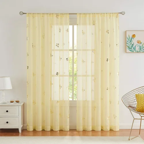 Miniatura 20 de Jubilantex Paneles de cortinas transparentes de mariposas negras y doradas de 52 pulgadas de ancho para dormitorio de niñas, elegantes cortinas