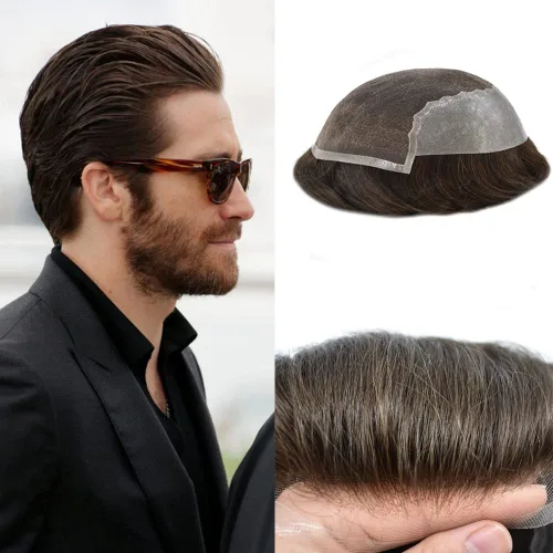 Miniatura 41 de Toupee para hombres, sistema de reemplazo de cabello humano Remy, nudos blanqueados, encaje frontal, piel fina, para hombre, color gris, pelucas