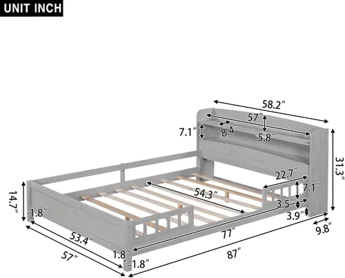 Miniatura 2 de VilroCaz Moderna plataforma de tamaño matrimonial con cabecera de almacenamiento y barandilla de seguridad para niños, plataforma de madera