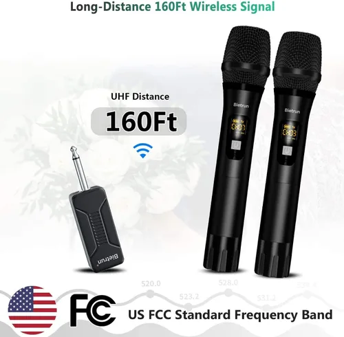 Miniatura 3 de Micrófono inalámbrico, sistema de micrófono dinámico inalámbrico dual de mano de metal UHF Bietrun con receptor recargable, salida de 1/4 pulgadas