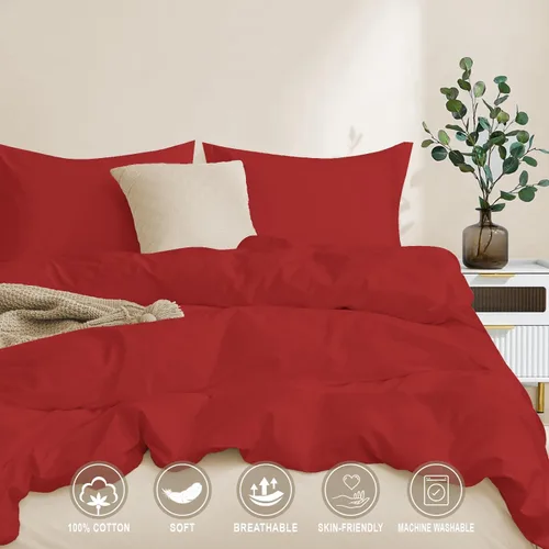 Miniatura 4 de Juego de funda de edredón 100% algodón, cierre de cremallera oculto, ultra suave, fácil de cuidar y duradero, estilo de cama simple, Queen, rojo