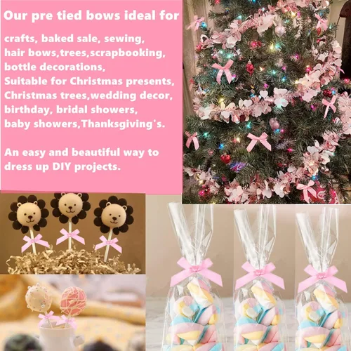 Miniatura 3 de 100 lazos rosados de 3 pulgadas para bolsas de golosinas, lazos de satén torcido, lazos preatados con alambre, lazos de cinta con lazos giratorios
