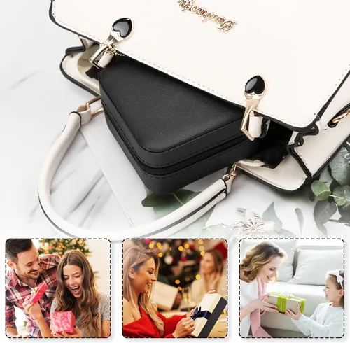 Miniatura 8 de XZUZ Joyero de viaje pequeño con espejo, organizador de joyas portátil, caja de almacenamiento para aretes, anillos, collares, joyería ase