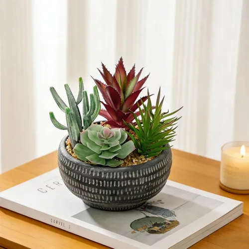 Miniatura 3 de Briful Suculentas falsas en maceta de cemento negro, arreglo de plantas suculentas artificiales para decoración del hogar, pequeñas plantas falsas