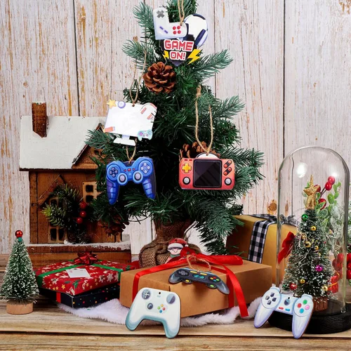 Miniatura 3 de Kathfly 27 piezas de adornos de videojuegos navideños para árbol de Navidad, controlador de sistema de madera, etiqueta colgante para fiesta