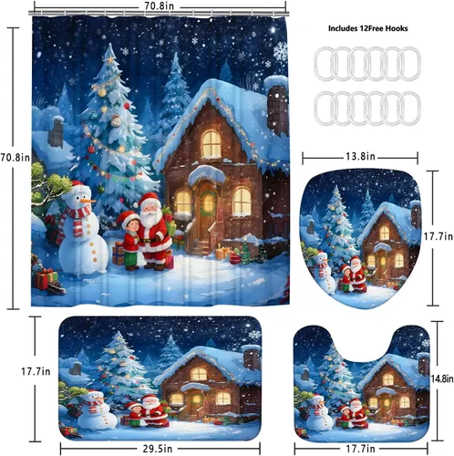 Miniatura 4 de AZHM Juego de cortinas de ducha de Navidad con alfombras, cabaña nocturna nevada y árbol de Navidad, conjuntos de baño 4PCS, decoración de Papá Noel