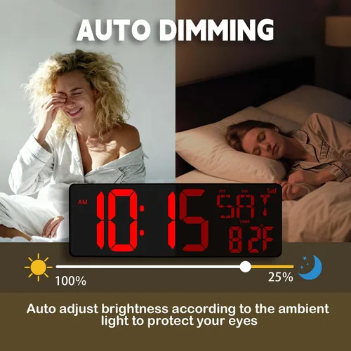 Miniatura 5 de Reloj de pared digital con pantalla grande: reloj digital LED de 16.5 pulgadas con control remoto, fecha, semana, DST automático, brillo ajustable