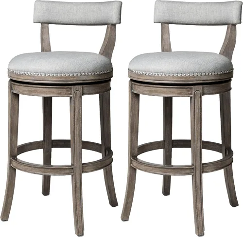 Maven Lane Alexander - Juego de 2 taburetes de bar de 31 pulgadas, taburetes giratorios con reposapiés, tapicería de madera maciza gris y tela gris,