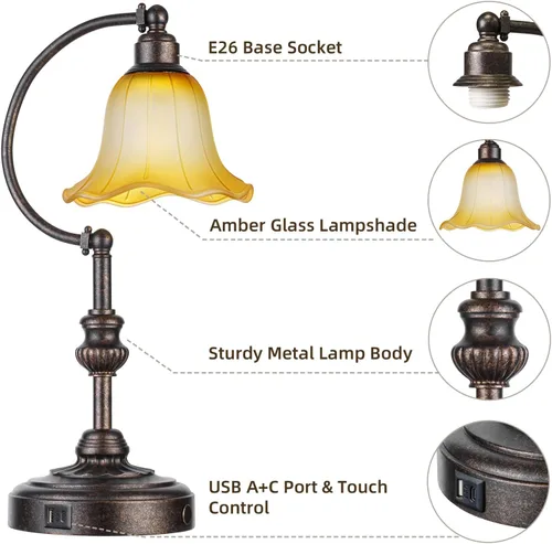 Miniatura 5 de RORIA Touch Farmhouse - Lámpara de mesa para sala de estar, lámpara de mesa de noche rústica regulable de 3 vías con puertos USB A+C, lámpara retro