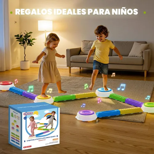 Miniatura 9 de Wee Wonders Piedras iluminadas y haz de equilibrio para niños, piedras de paso con música de piano, juego giratorio y 30 tarjetas, juguetes