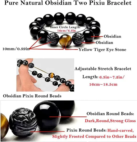 Miniatura 2 de Pulsera de obsidiana negra, pulsera de obsidiana negra Feng Shui para mujeres, hombres y parejas, hecha a mano con piedra tallada de ojo de tigre