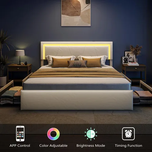 Miniatura 3 de Base de cama Queen con cabecera ajustable, plataforma tapizada con luces LED RGB, 4 cajones de almacenamiento y estación de carga (1 USB 1 tipo C)