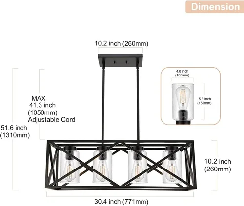 Miniatura 4 de Lámpara de araña negra para comedor con 4 luces, con cristal semillado, base E26