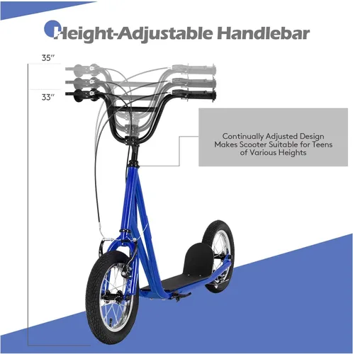 Miniatura 3 de Goplus Patinete juvenil con ruedas llenas de aire de 12 pulgadas, marco de acero al carbono, manubrio ajustable, frenos dobles delanteros y Azul