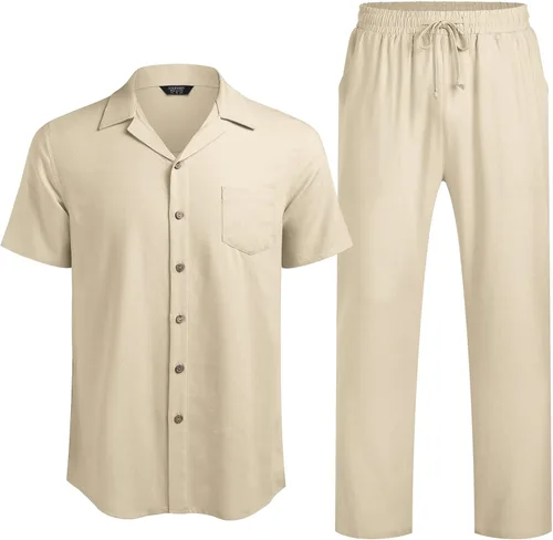 Miniatura 2 de COOFANDY Conjunto de ropa de lino de 2 piezas para hombre camisa con botones y pantalones sueltos