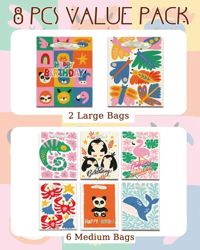 Miniatura 2 de qiqee Bolsas de regalo de papel surtido con asas de papel de seda, 8 bolsas de regalo de cartón de cumpleaños de animales florales para mujeres