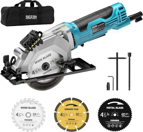 Seesii Mini sierra circular con guía láser, sierra circular compacta con cable de 4.8A 4000 RPM con guía de rasgadura, 3 cuchillas (4-1/2 pulgadas)