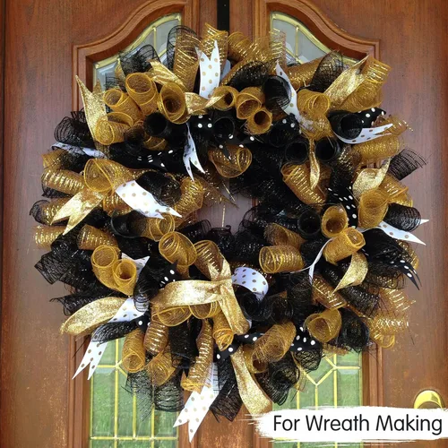 Miniatura 6 de TONIFUL 2 rollos de cinta de malla decorativa negra de 10 pulgadas, malla de tela para suministros de corona de malla, corona de puerta delantera