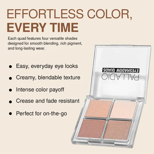 Miniatura 5 de Palladio Cuartetos de Sombras de Ojos, Mate Aterciopelado Pigmentado Difuminable, Acabados Metálicos y Brillantes, Fórmula Cremosa, Paleta de Gossip