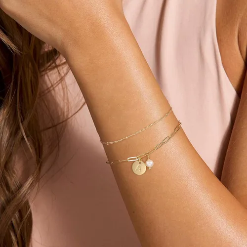 Miniatura 4 de Pulseras con inicial de oro para mujer, chapado en oro de 14 quilates, pulsera con inicial de letra, ajustable, con eslabones en capas, pulsera