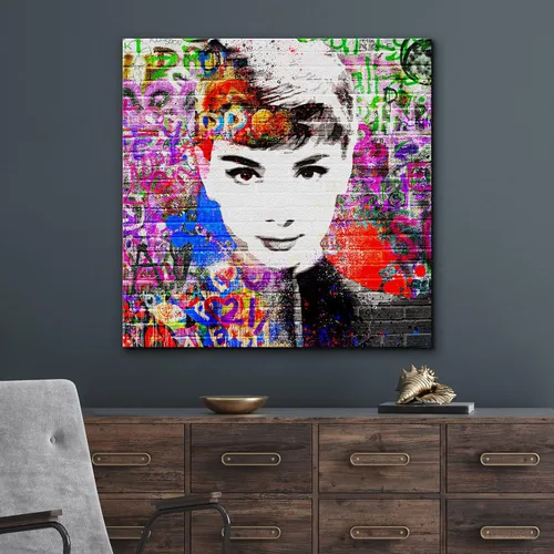 Miniatura 3 de NWT Lienzo impreso para pared, pintura en aerosol de ladrillo Audrey Hepburn Retrato Graffiti y arte callejero, ilustraciones abstractas, arte