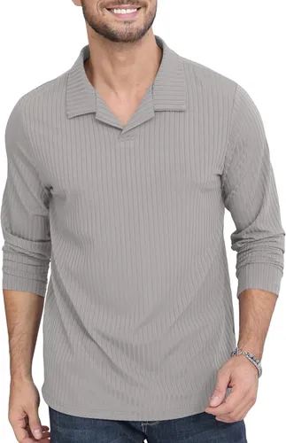Camisas tipo polo con cuello en V para hombre, ajustadas, de manga larga, de punto de golf, suaves, elegantes, de color sólido