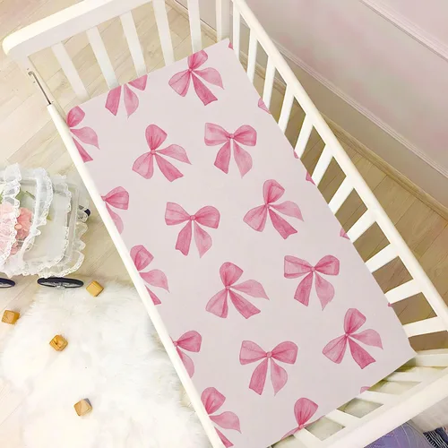 Miniatura 5 de Burbuja Sábana bajera ajustable para cuna para niñas y niños, con lazo rosa, suave, transpirable, para colchones estándar de cuna y cama de niño