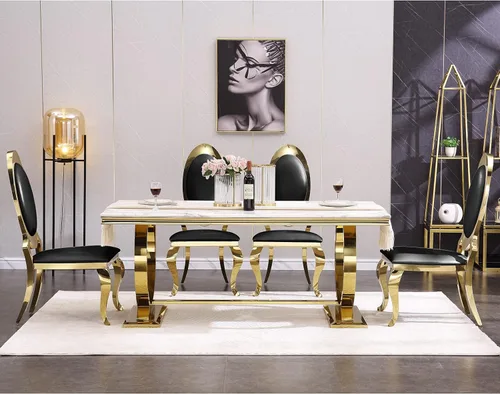 Miniatura 4 de ACEDÉCOR Juego de mesa de comedor moderno de 5 piezas con 4 sillas de comedor de cuero negro, mesa de comedor con base en U de metal de acero Oro