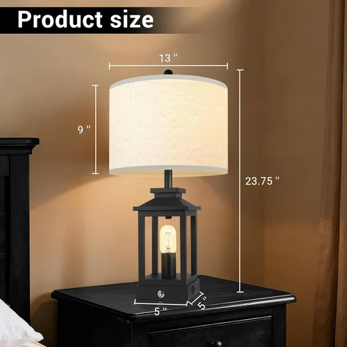 Miniatura 4 de Lámpara de mesa estilo granja para dormitorio, lámpara táctil negra con puertos USB-C y USB-A, lámparas de noche retro regulables de 3 vías
