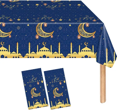 Eid al-Fitr - Juego de 2 manteles de plástico para mesa, para barbacoa, picnic, fiesta, mantel azul, 54 x 108 pulgadas