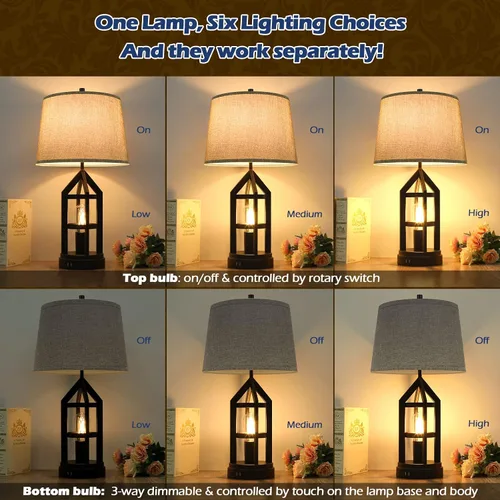 Miniatura 3 de BesLowe Juego de 2 lámparas de mesa de cristal de 26 pulgadas de alto con 2 puertos de carga USB y luz nocturna LED, lámparas de mesa costeras