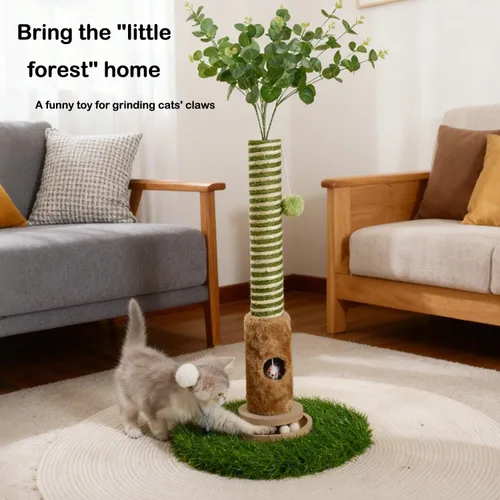 Miniatura 4 de Poste rascador interactivo para gatos de 35 pulgadas de alto con hojas de eucalipto artificiales, árbol para gatos con bolas de madera y cuerda