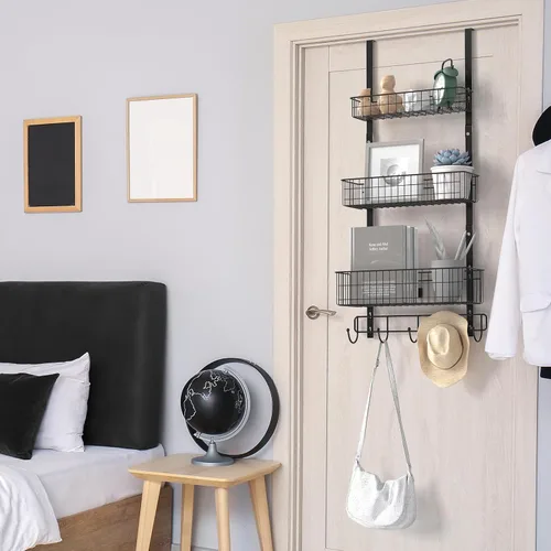 Miniatura 4 de YBING Organizador Sobre Puerta con Ganchos 3 Niveles Toallero Trasero Cestas de Metal Estantes de Almacenamiento Colgante para Dormitorio Baño Negro