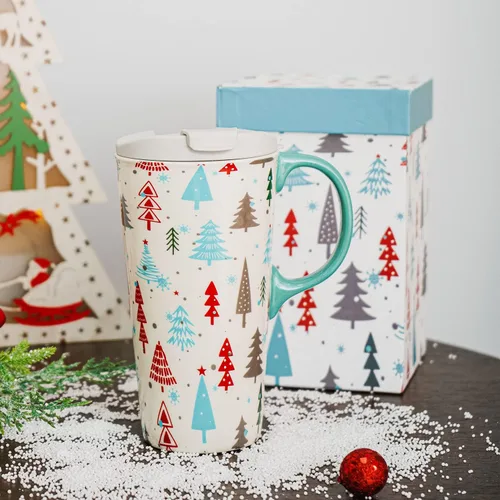 Miniatura 8 de Taza de café de cerámica de árbol de invierno de 17 onzas con tapa y caja de regalo, divertida taza de té de porcelana multicolor con leche, apta