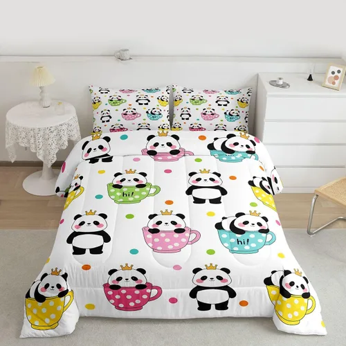 Miniatura 3 de Juego de edredón de panda lindo para niños, 2 piezas, tamaño individual, edredón y juegos de ropa de cama Kawaii Pandas Cupcake para niños y niñas