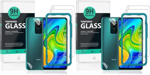 Miniatura 11 de Ibywind Protector de pantalla para Redmi Note 9, con 2 piezas de vidrio templado, 1 protector de lente de cámara, 1 película de fibra de carbono