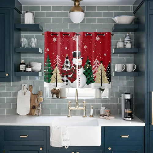 Miniatura 10 de Libaoge Cortinas de Navidad para cocina, dormitorio, juego de 2 paneles, diseño de muñeco de nieve de Navidad, cortinas de invierno con copos