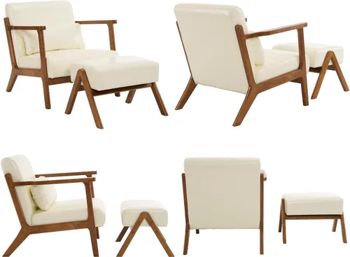 Miniatura 8 de Moderno juego de silla decorativa y otomana, sillón tapizado de piel sintética de mediados de siglo con marco de madera maciza y cómodo cojín