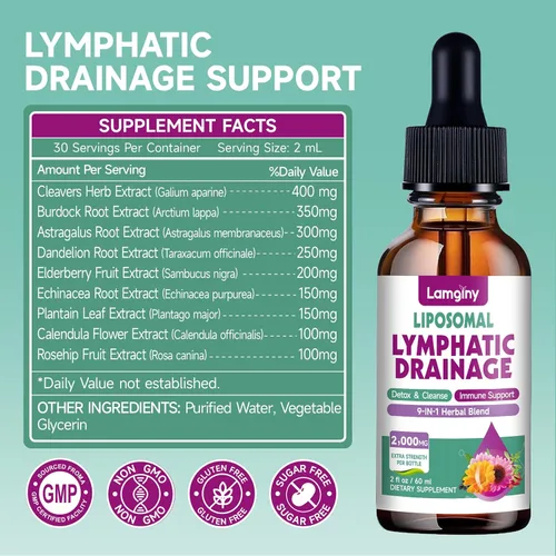 Miniatura 7 de Gotas de drenaje linfático liposomal, suplementos de drenaje linfático 9 en 1 para desintoxicación y limpieza, con equinácea, diente de león, saúco