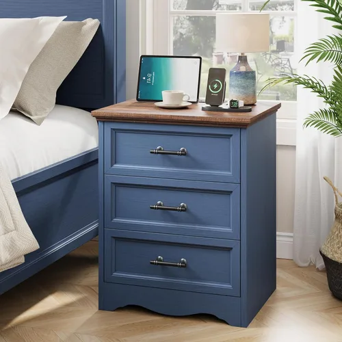 Miniatura 19 de Mesita de noche con estación de carga, Mesa auxiliar estilo granja de 19.7" con almacenamiento de 3 cajones, Mesa lateral de cama de madera