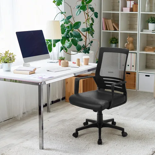 Miniatura 7 de Yaheetech Silla de oficina de malla con respaldo medio con asiento de cuero, silla ejecutiva para computadora de oficina con reposabrazos y soporte