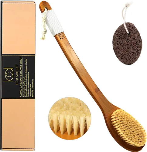 ICANdOIT - Cepillo de baño de mango largo antideslizante de cerdas de jabalí natural de 17.71 pulgadas, limpiador de ducha con mango doblado para