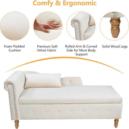 Miniatura 3 de Aoowow Banco de almacenamiento de terciopelo para dormitorio, extremo de la cama, sofá con brazo enrollado, tumbona para interiores con Beige 58