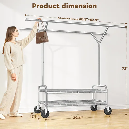 Miniatura 8 de Raybee Perchero de ropa resistente con carga de 500 libras, perchero con ruedas, doble barra para colgar ropa, perchero comercial portátil