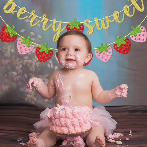 Miniatura 6 de Banner dulce de fresa y bayas, decoraciones de fiesta de fresa Suministros de fiesta temática de bayas de verano con purpurina dorada para baby
