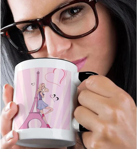 Miniatura 2 de 3dRose Girly Pink Girl Eiffel Tower and Hearts Paris Love Vector Illustration Taza de dos tonos, 11 onzas, negro/blanco