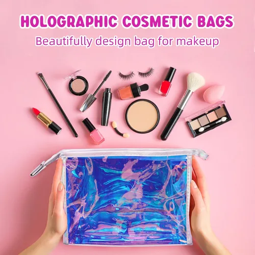 Miniatura 2 de Zwish 10 bolsas de maquillaje iridiscentes a granel, bolsas holográficas para cosméticos, bolsa portátil con cremallera, bolsa de aseo de viaje