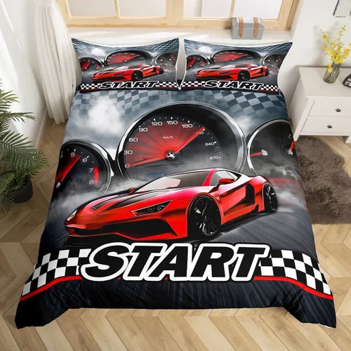 Miniatura 11 de Erosebridal Juego de ropa de cama de coche deportivo verde para niños, tamaño individual, funda de edredón de autos de carreras para niños
